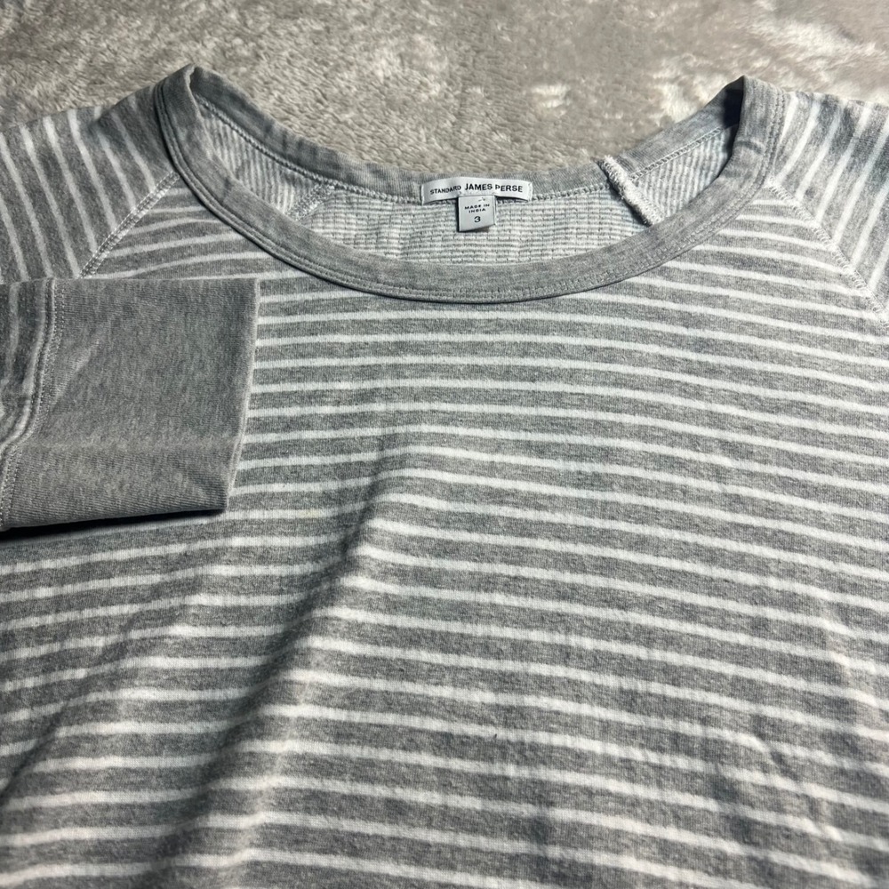James Perse Women's Size 3 Sweatshirt Grey White Striped Raglan Sleeve